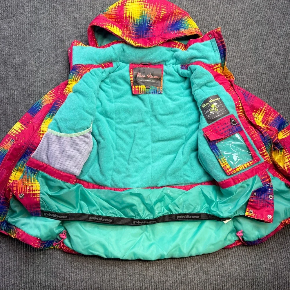 Phibee Ski‎ Jacket Kids Girls Medium Pink Geometric Insulated Snow Parka Hooded